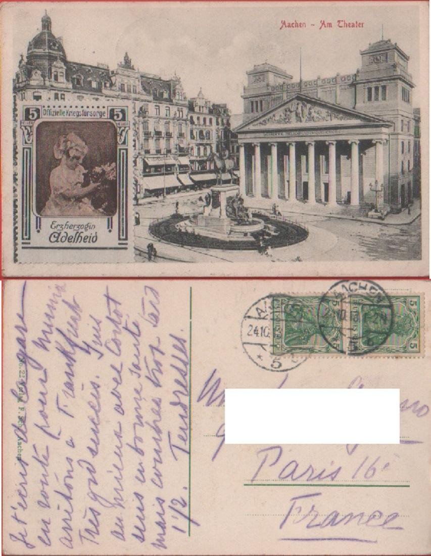 Aachen. Am Theater. Viaggiata 1913. Erinnofilo | Immagine principale