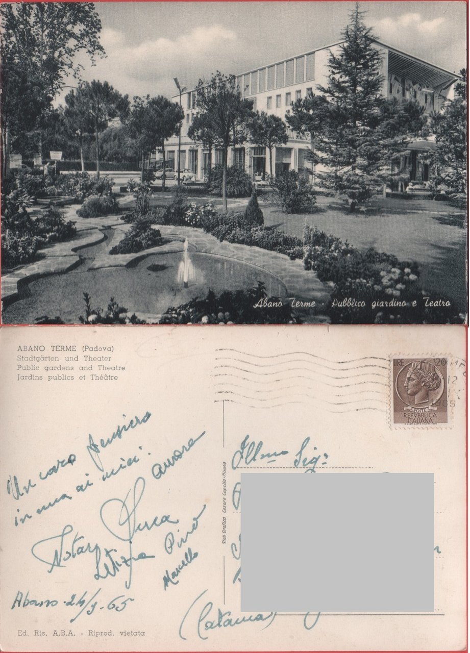 Abano Terme. Pubblico giardino e teatro. Viaggiata 1965 | Immagine principale