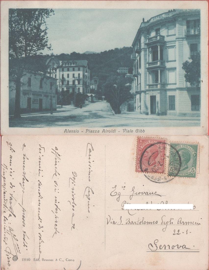 Alassio (SV). Piazza Airoldi. Viale Gibb. Viaggiata 1920 | Immagine principale