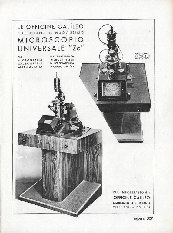 Allocchio Bacchini. Misura temperatura /Officine Galileo. Microscopio Zc-1. Advertising 1937 | Immagine Gallery 2