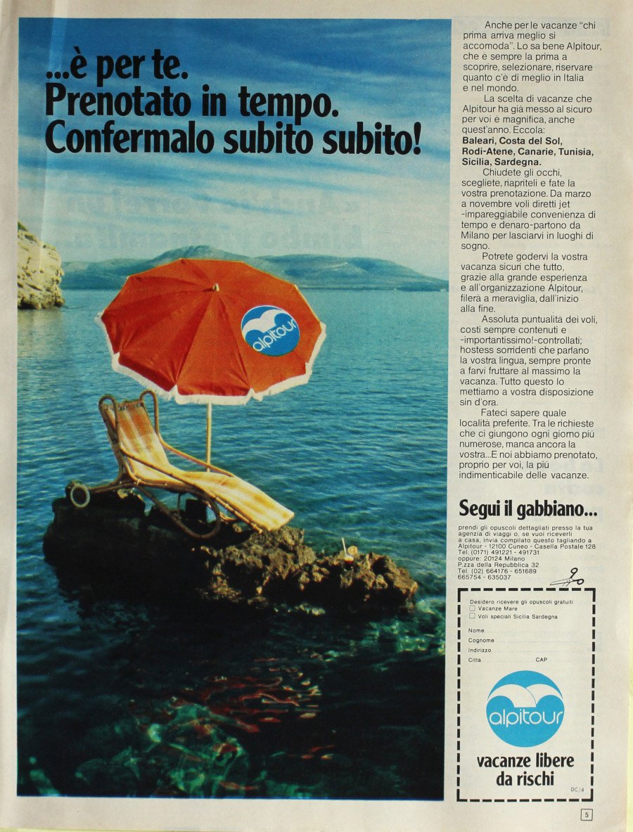 Alpitour vacanze libere da rischi. Advertising 1975 | Immagine principale