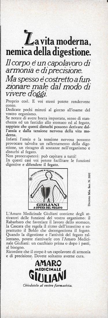 Amaro Medicinale Giuliani. Advertising 1969 | Immagine principale
