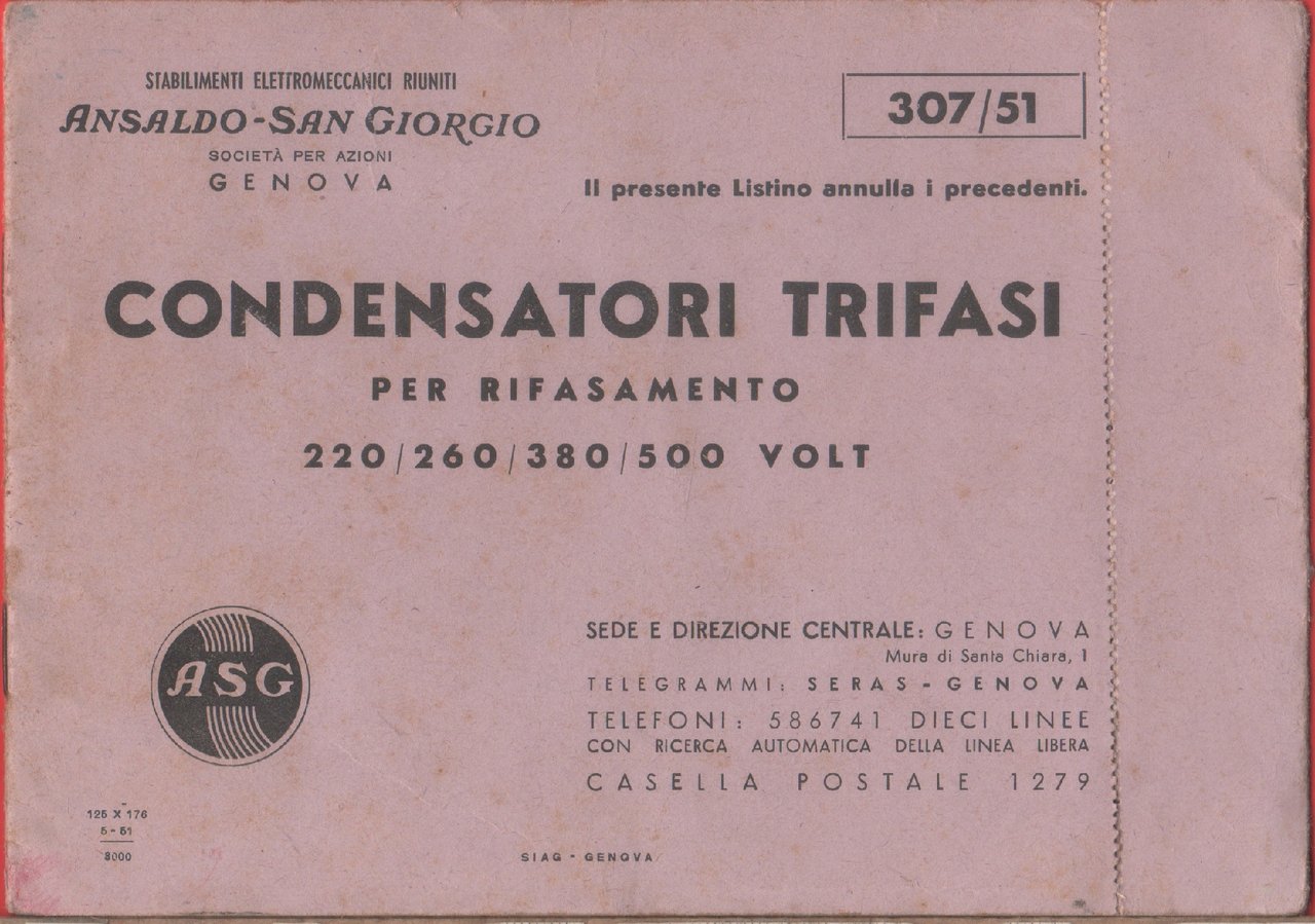 Ansaldo San Giorgio. Condensatori trifasi per rifasamento. 1951 | Immagine principale