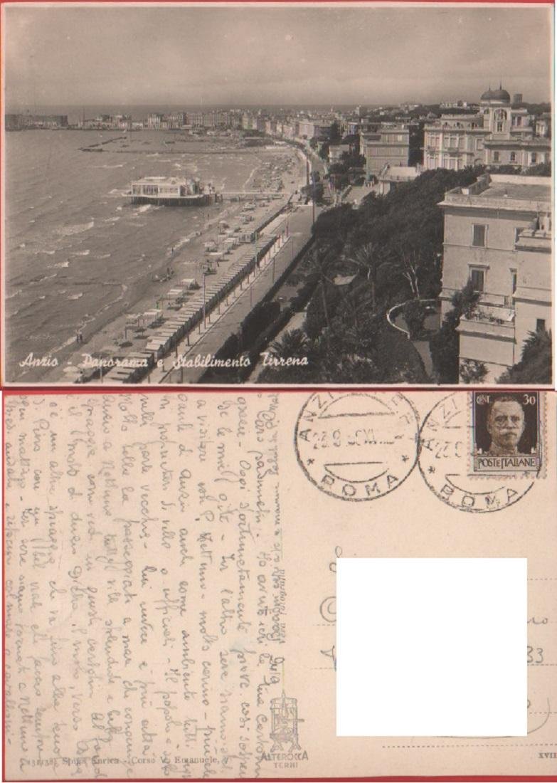 Anzio (RM). Panorama e stabilimento Tirrena. Viaggiata 1938. Alterocca | Immagine principale