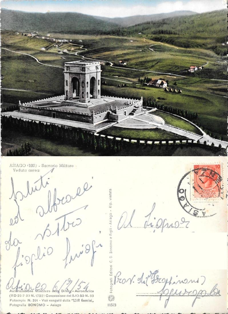 Asiago. Sacrario Militare. Veduta aerea. Viaggiata 1954 | Immagine principale