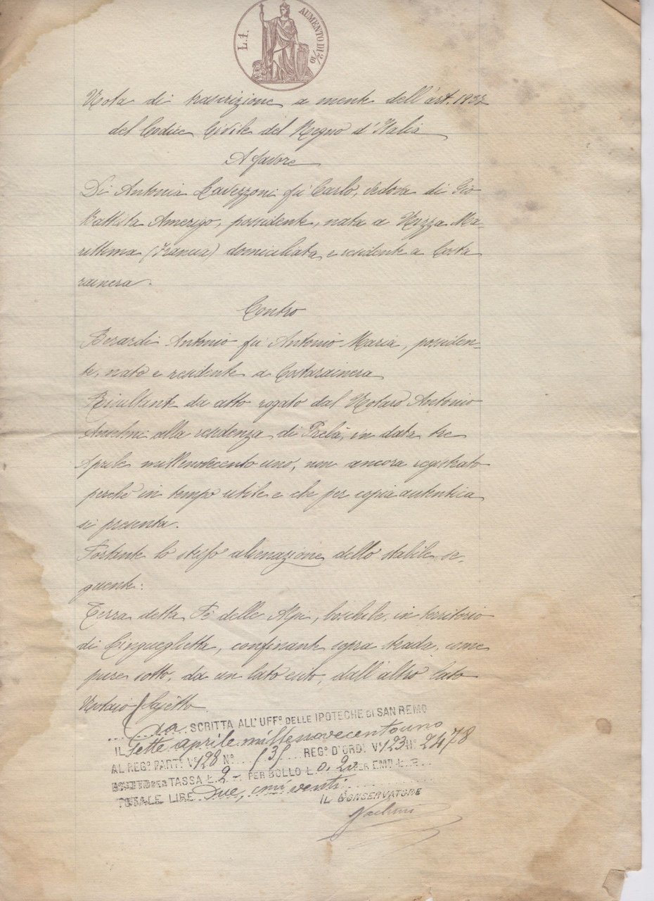Atto di Trascrizione. Costarainera per terreno a Lengueglietta (IM) 1901 | Immagine principale