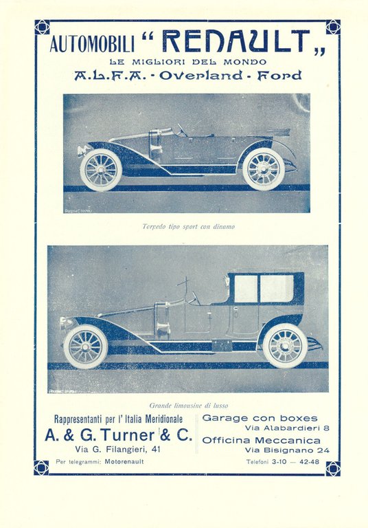 Automobili Renault. A&amp;G Turner &amp; C. Advertising 1913