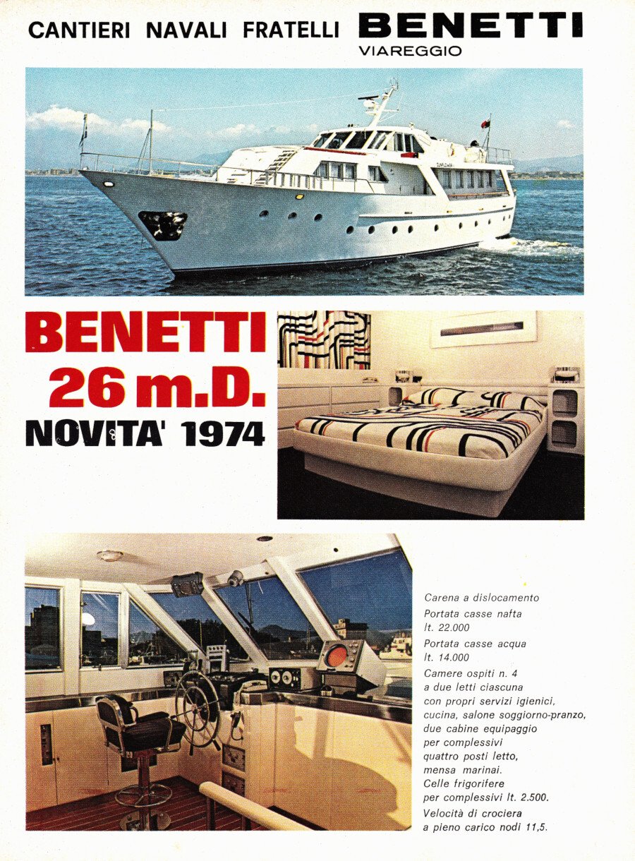Benetti 26 m.D. Cantieri navali fratelli Benetti, Viareggio. Advertising 1974 | Immagine principale