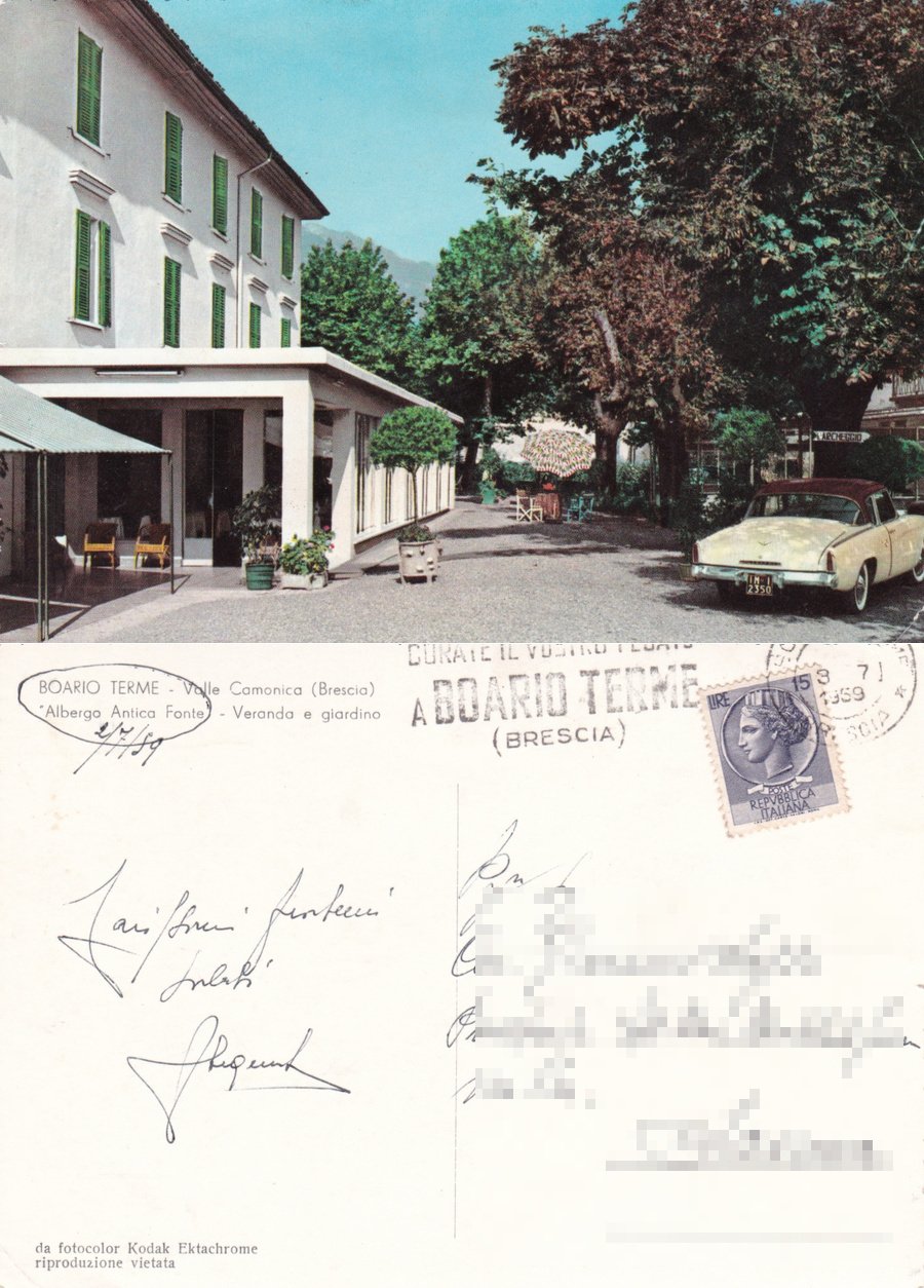 Boario Terme (BS). Albergo Antica Fonte. Viaggiata 1959 | Immagine principale
