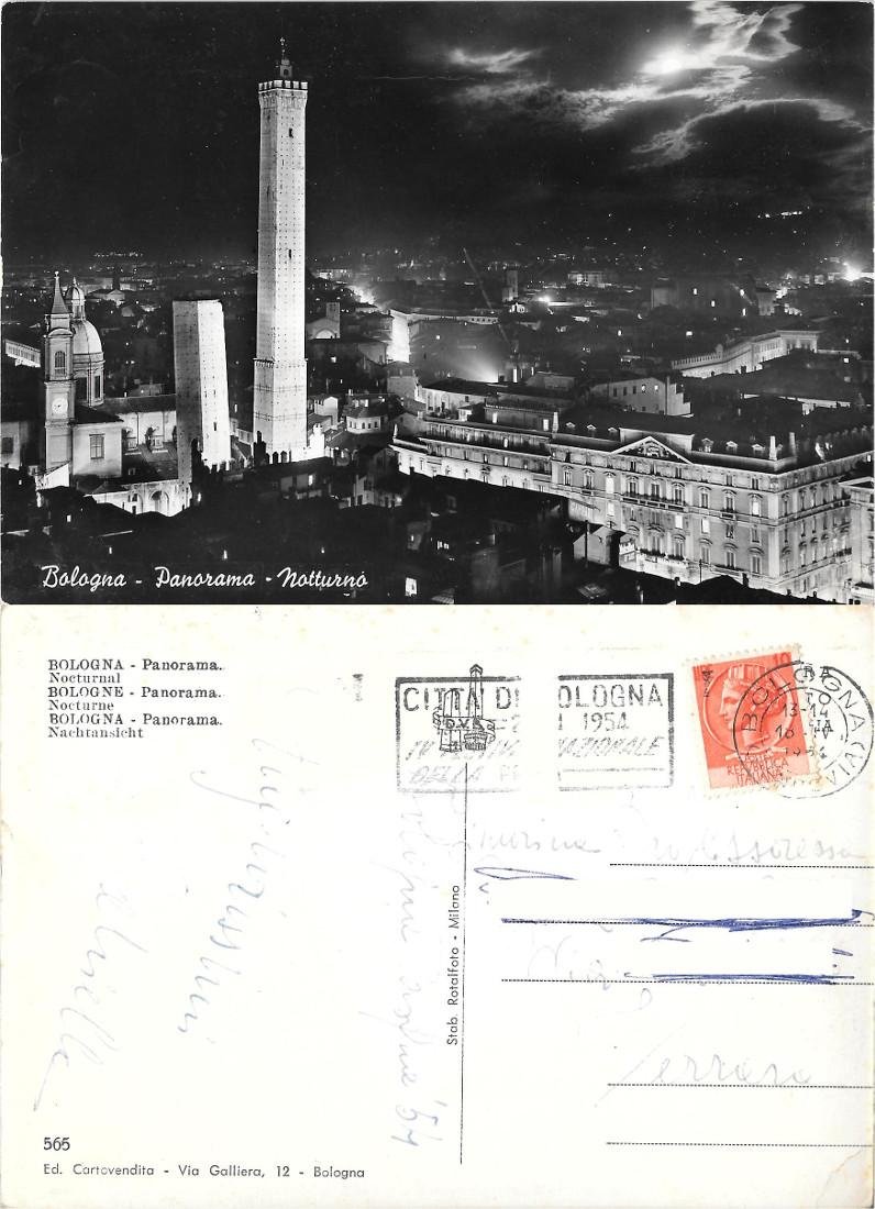 Bologna. Panorama. Notturno. Viaggiata 1954 | Immagine principale