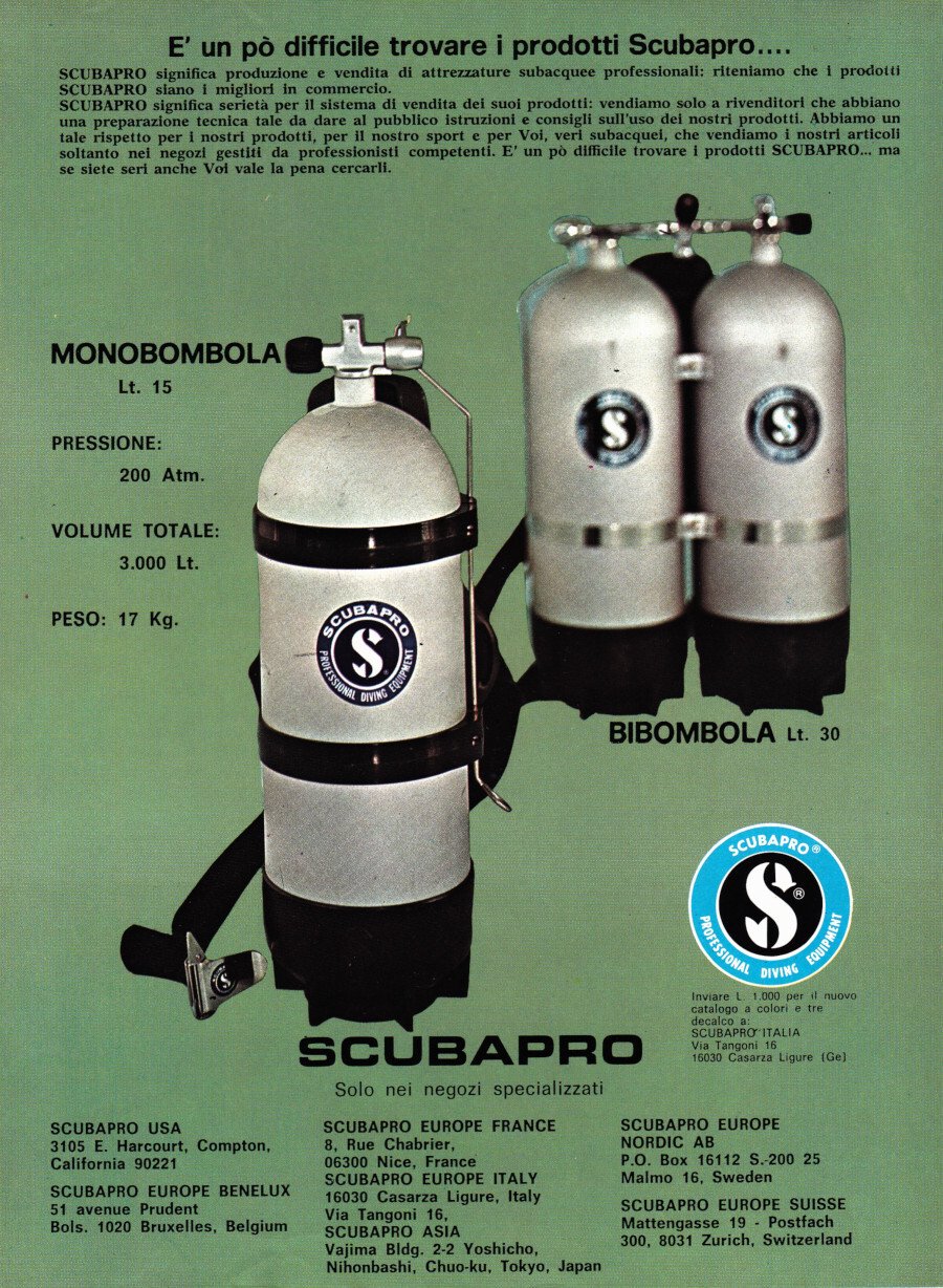Bombole Scubapro/Salvas. Advertising 1974 | Immagine principale