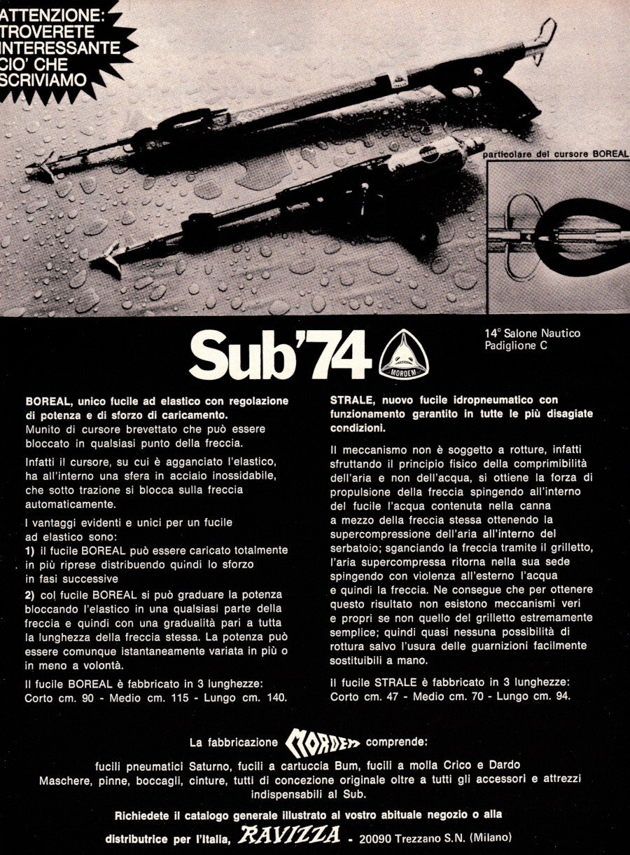 Boreal Mordem, fucile subacqueo ad elastico. Advertising 1974 | Immagine principale