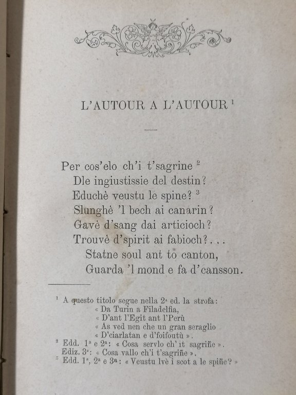 Brofferio Canzoni Piemontesi Libro Antico 1881 Casanova 7^ Edizione Dialetto