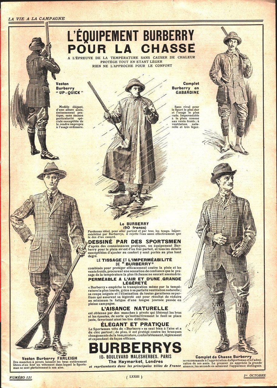 Burberrys. L'équipement pour la chasse. Advertising 1911 | Immagine principale