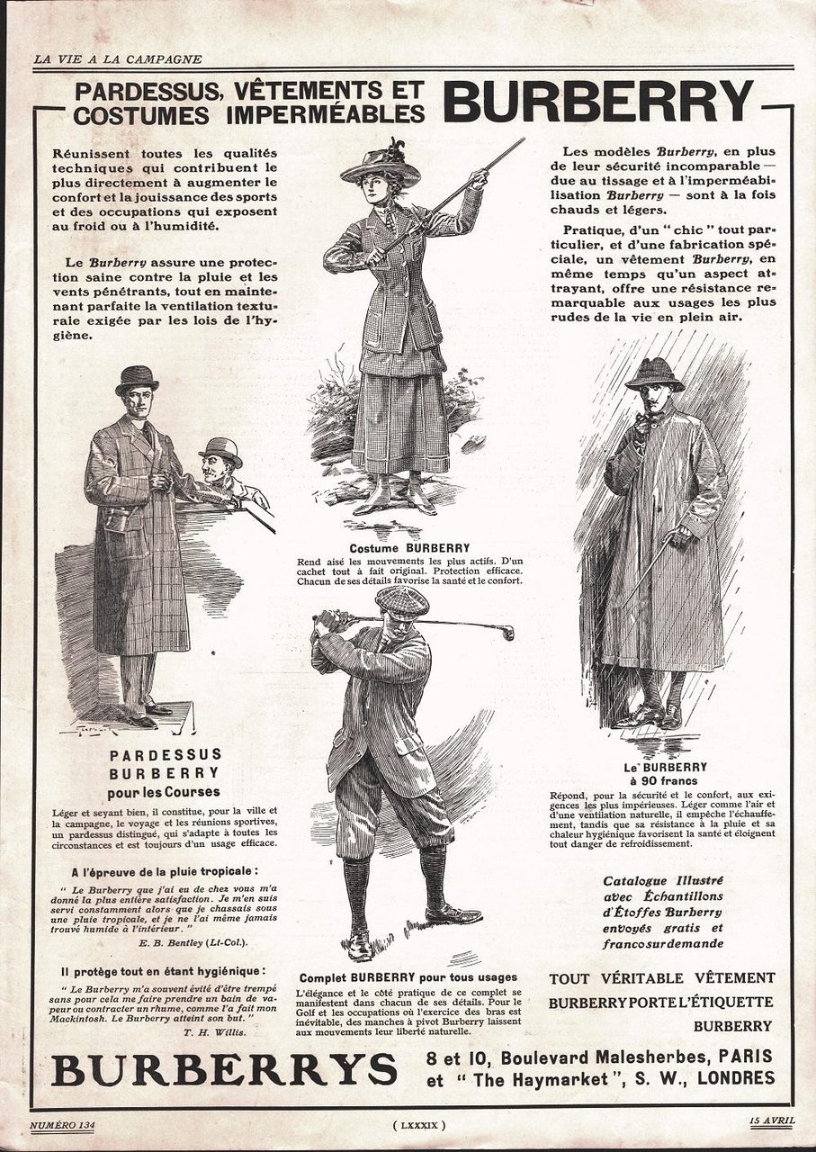 Burberrys. Pardessus, vétements et costumes imperméables. Advertising 1912 | Immagine principale