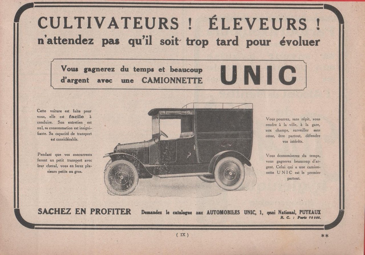 Camionette UNIC. Advertising 1924 | Immagine principale