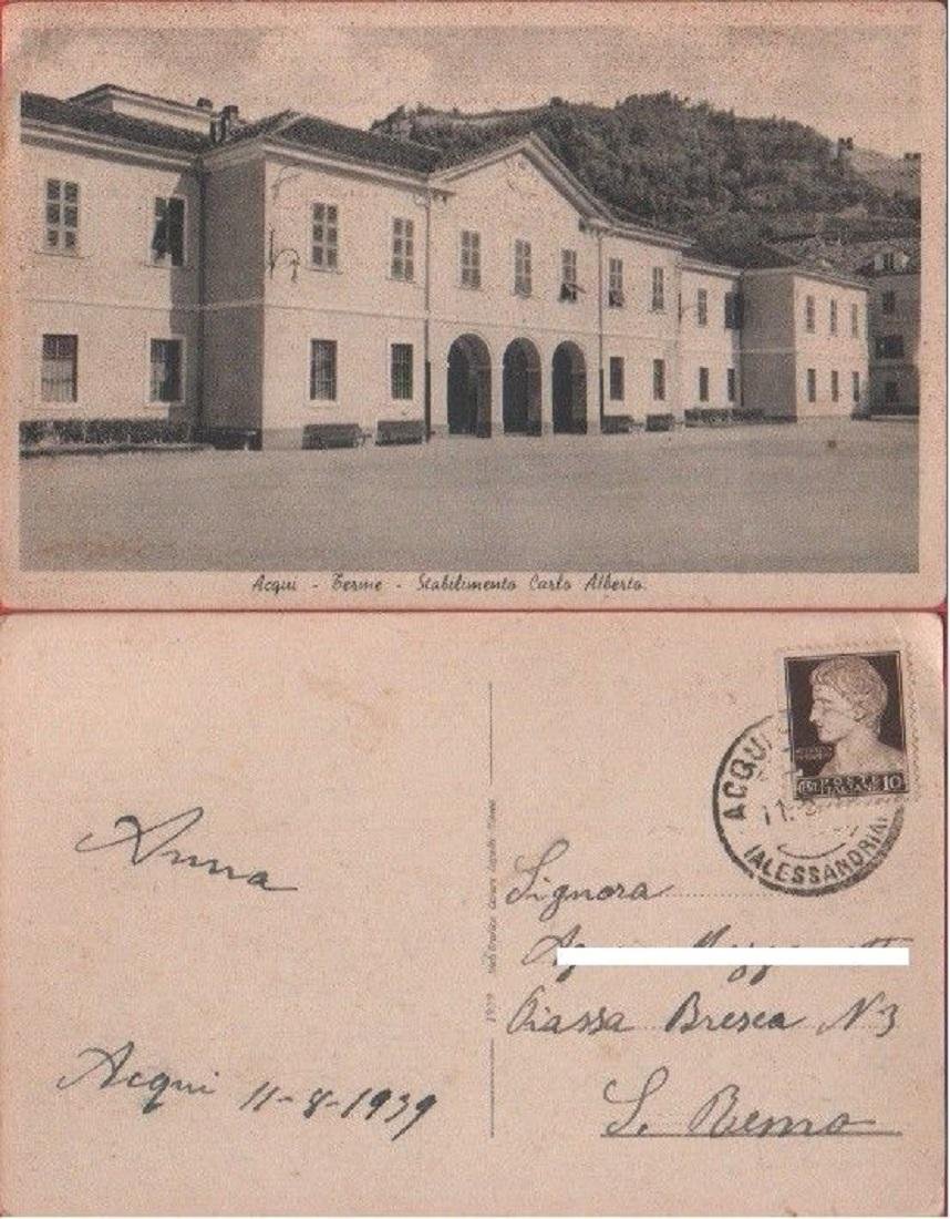Cartolina - Acqui Terme. Stabilimento Carlo Alberto. Viaggiata 1939 | Immagine principale