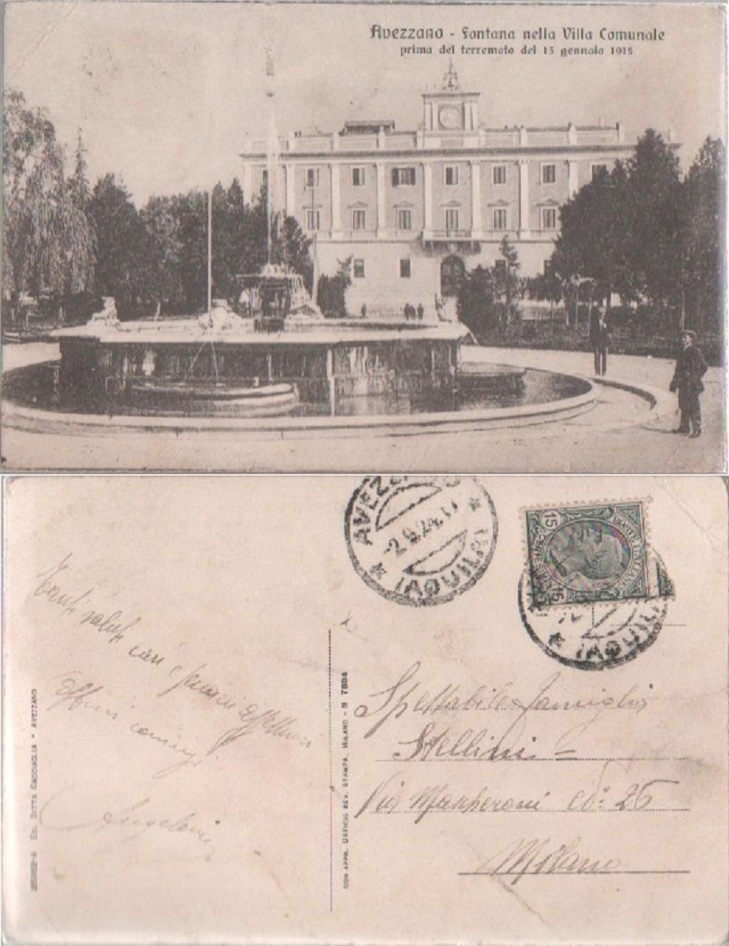 Cartolina - Avezzano. Fontana nella Villa Comunale... Viaggiata, animata | Immagine principale