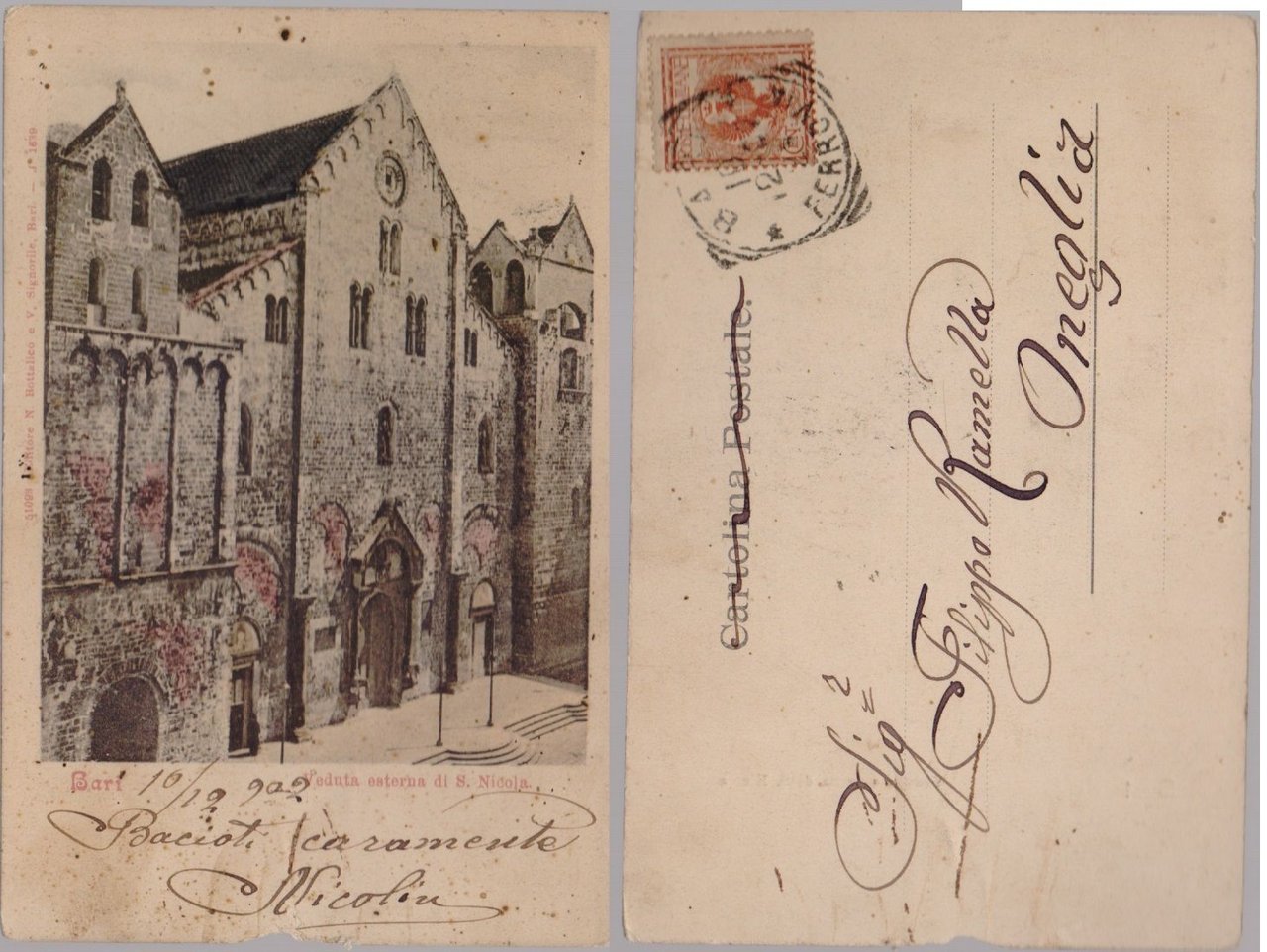 Cartolina - Bari. Veduta esterna di S. Nicola. Viaggiata 1902 | Immagine principale