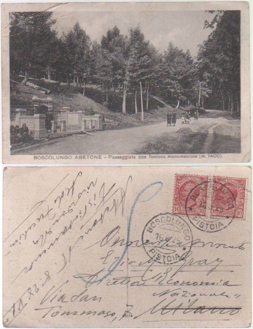 Cartolina - Boscolungo Abetone. Passeggiata con fontana.. Viaggiata 1928, animata | Immagine principale
