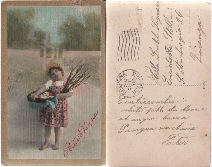 Cartolina - Buona Pasqua. Bambina scalza con cesto. Viaggiata 1915 | Immagine principale