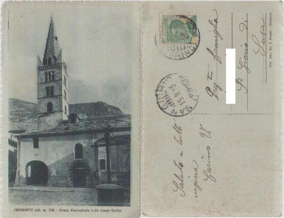 Cartolina - Chiomonte. Chiesa Parrochiale (stile longo bardo). Viaggiata 1925 | Immagine principale