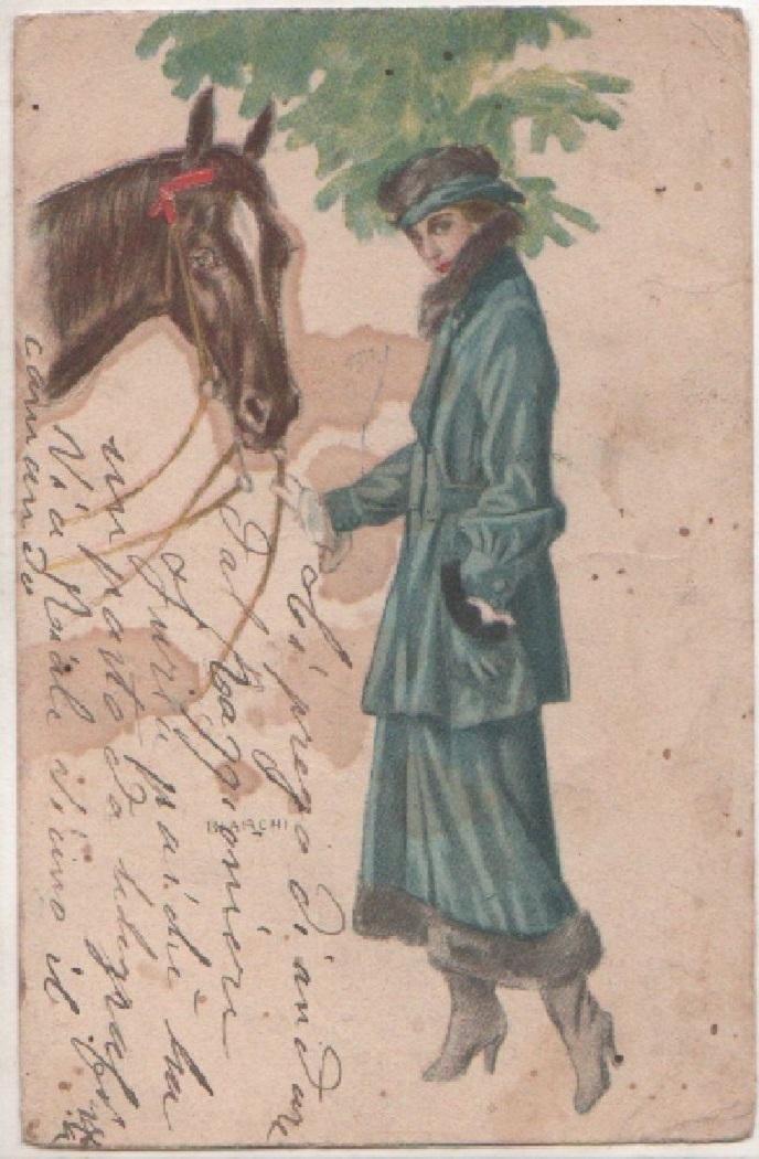 Cartolina - Donna con cavallo. Disegnatore Bianchi | Immagine principale