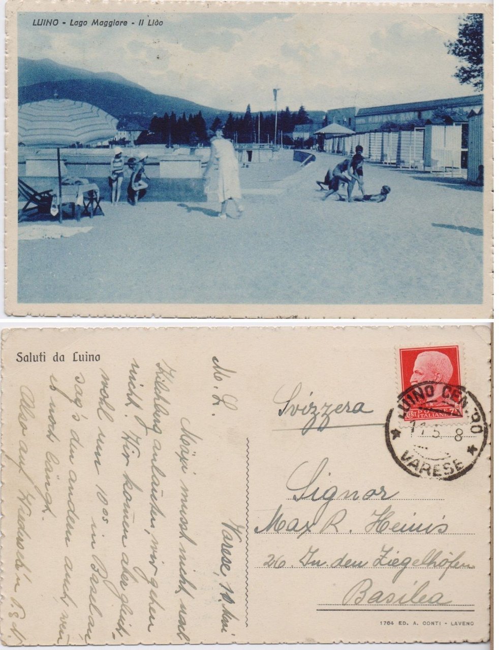 Cartolina - Luino. Lago Maggiore. Il Lido. Viaggiata, animata, bagnanti | Immagine principale