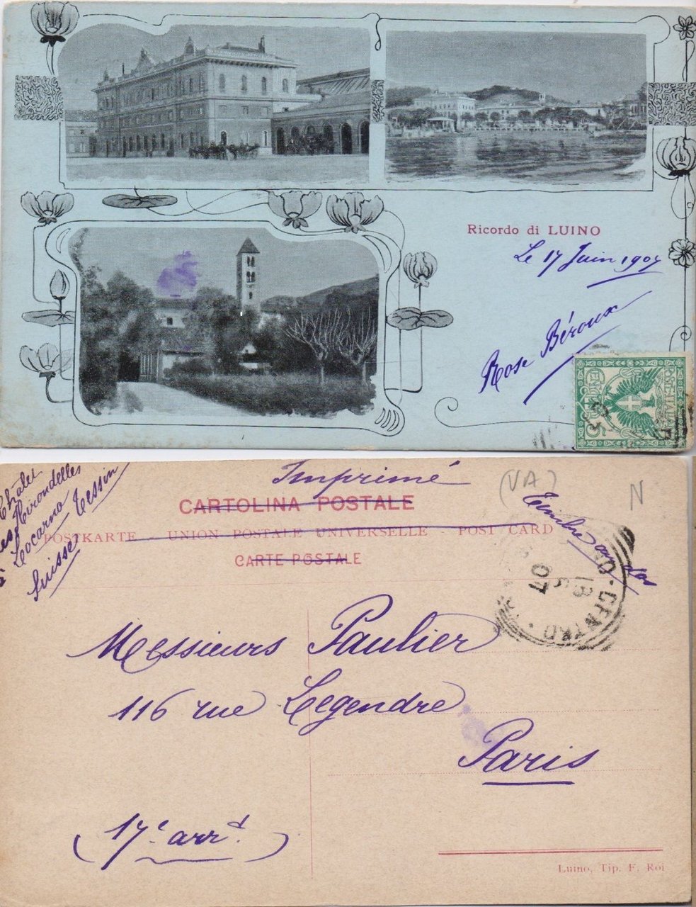 Cartolina - Luino. Ricordo di Luino. Viaggiata 1907, liberty | Immagine principale