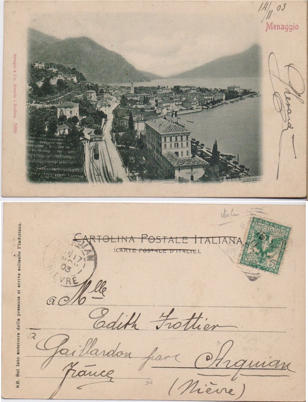 Cartolina - Menaggio. Bella veduta con stazione. Viaggiata 1903 | Immagine principale
