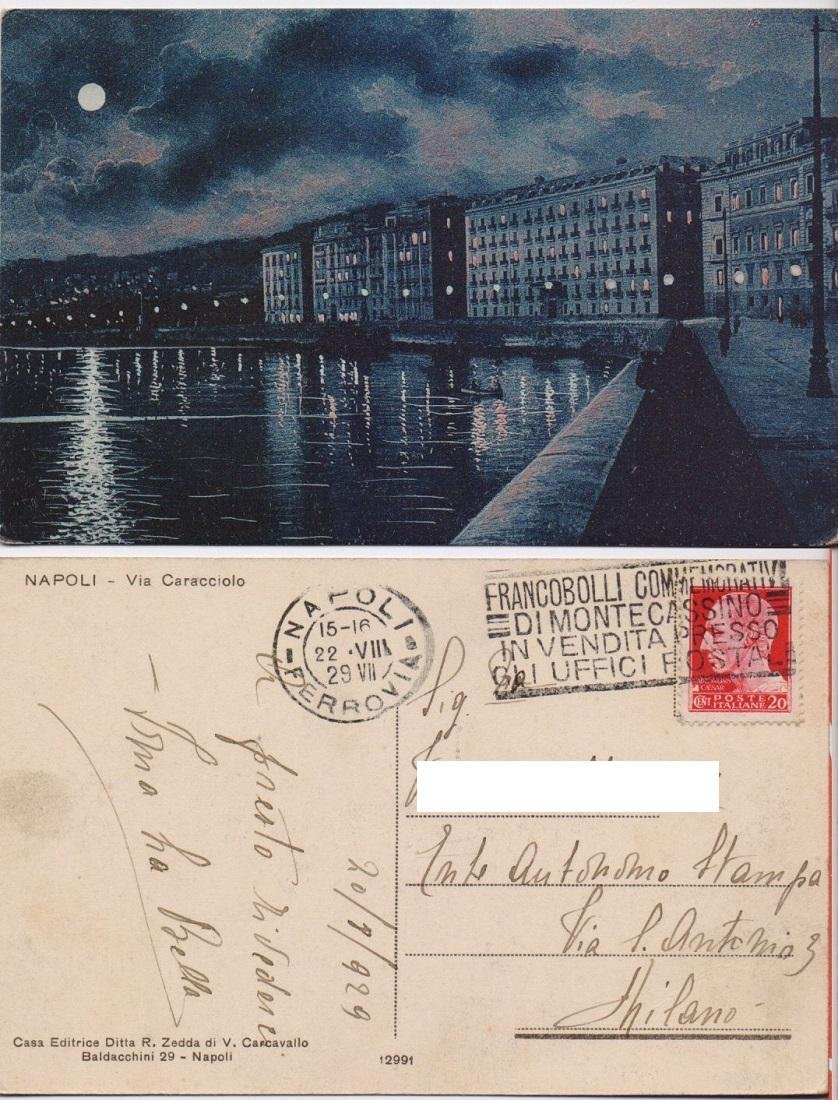 Cartolina - Napoli. Via Caracciolo. Viaggiata 1929, notturno | Immagine principale