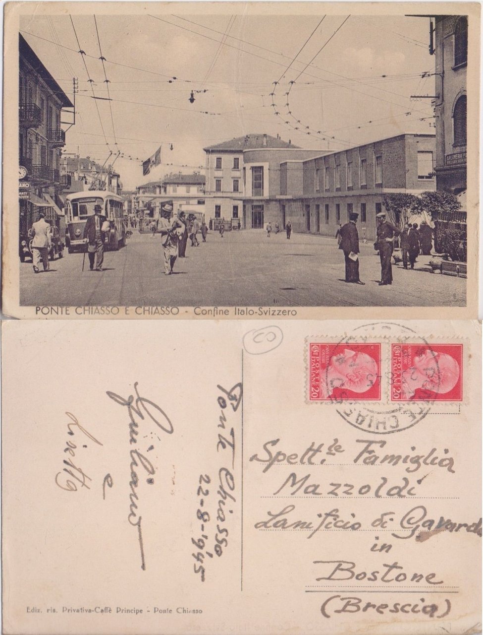 Cartolina - Ponte Chiasso e Chiasso. Confine Italo-Svizzero. Animata. Viaggiata | Immagine principale