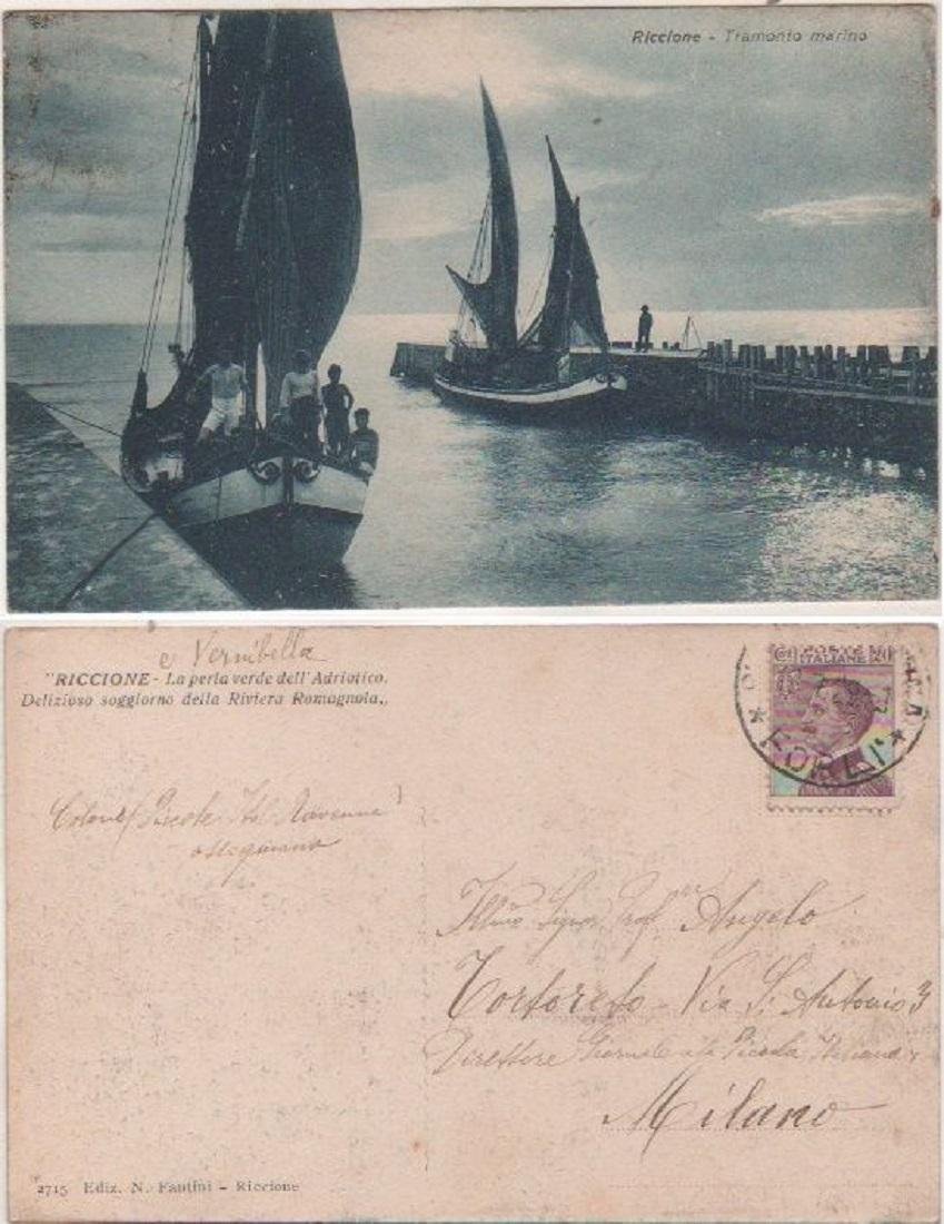 Cartolina - Riccione. Tramonto marino. Viaggianta 1929, animata, barche, vele | Immagine principale