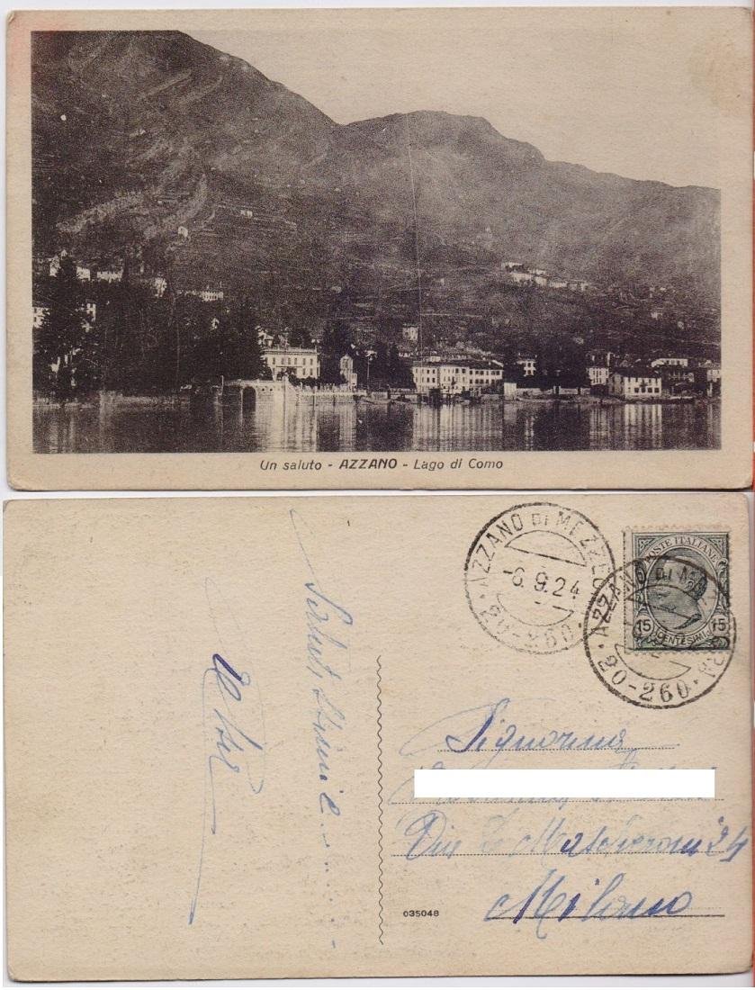 Cartolina - Un saluto. Azzano. Lago di Como. Viaggiata 1924 | Immagine principale