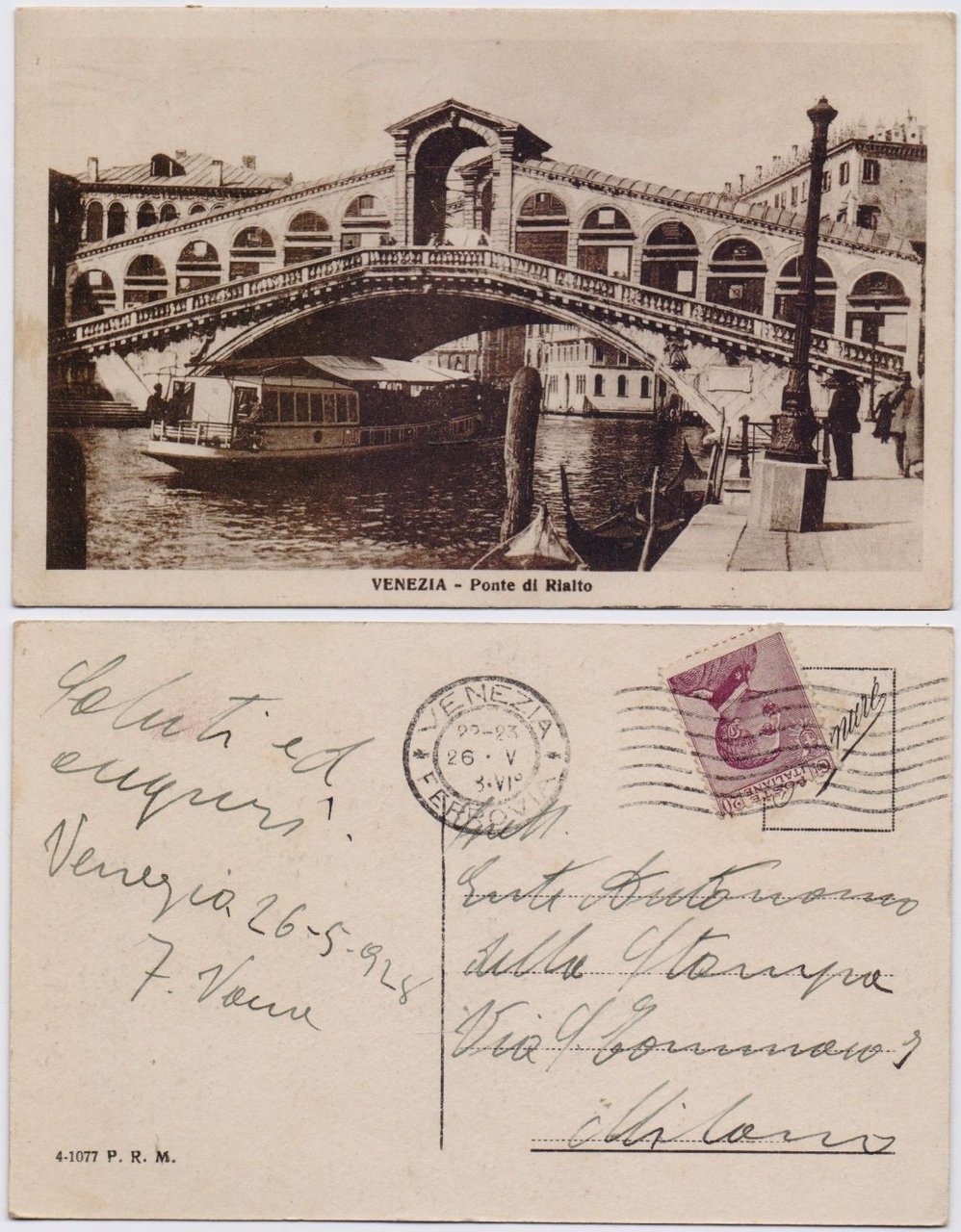 Cartolina - Venezia. Ponte di Rialto. Viaggiata 1928 , vaporetto | Immagine principale