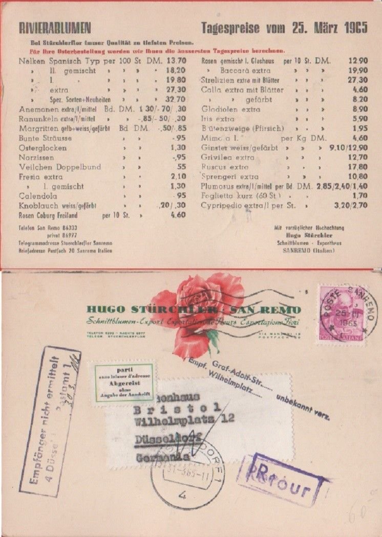 Cartolina listino fiori ditta Hugo Sturchler Sanremo. Viaggiata 1965 | Immagine principale