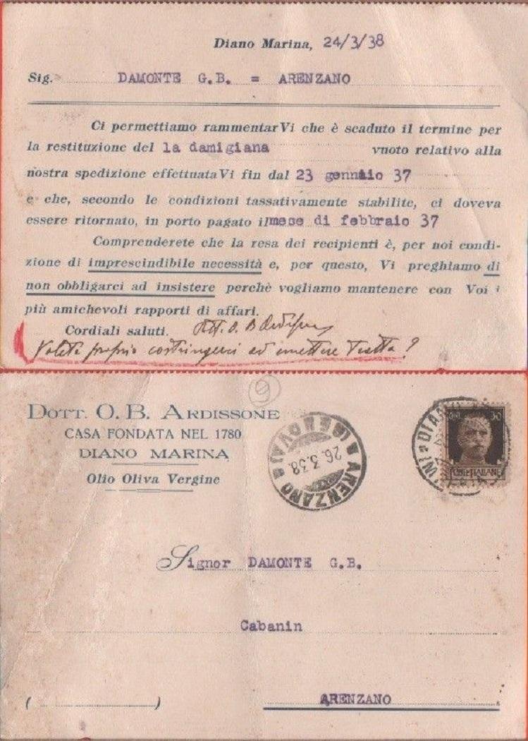 Cartolina postale ditta Ardissone. Diano M. 1938. Sollecito restituzione vuoto | Immagine principale