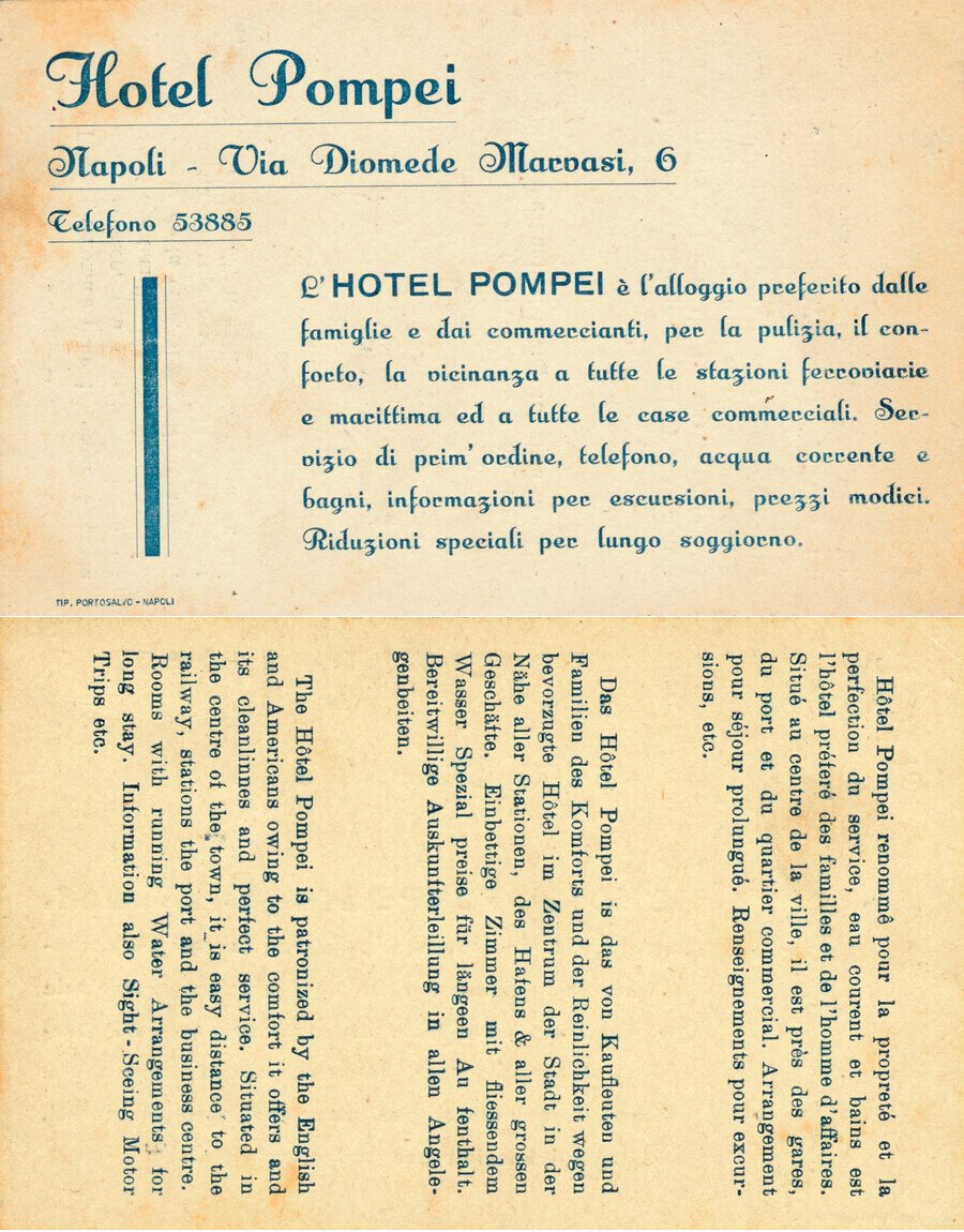 Cartolina pubblicitaria Hotel Pompei, Napoli. Non viaggiata | Immagine principale