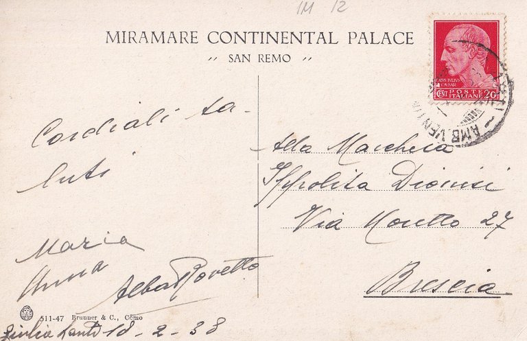 Cartolina Sanremo Miramare Continental Palace San Remo 1938 Viaggiata | Immagine Gallery 2