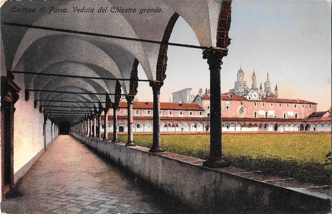 Certosa di Pavia. Veduta del Chiostro Grande. Colorata. Non viaggiata | Immagine principale