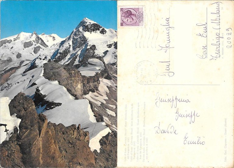 Cervina-Breuil. Monte Breithorn visto dal Furggen. Viaggiata 1968