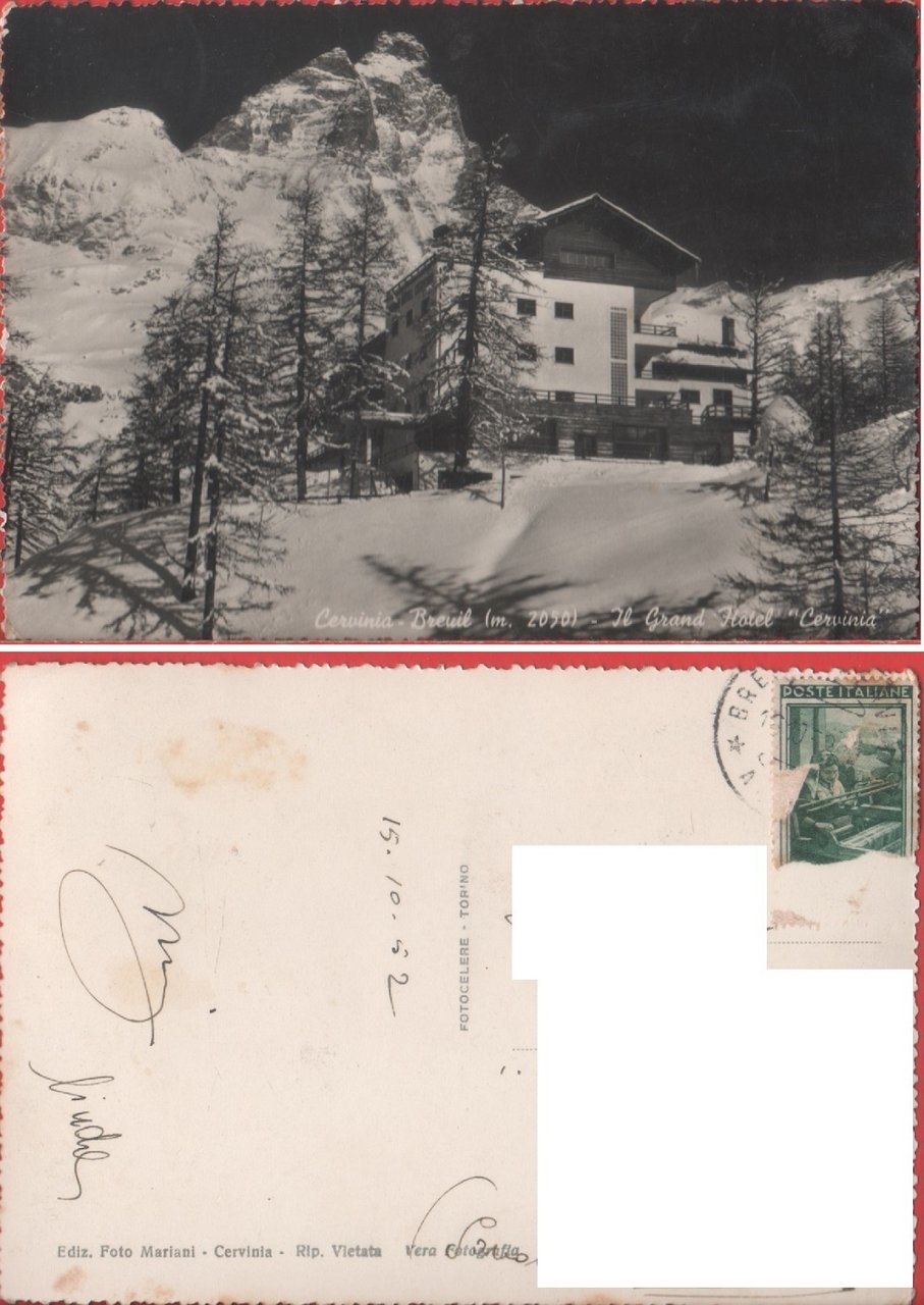 Cervinia-Breuil (AO). Il Grand Hotel Cervinia. Viaggiata 1952 | Immagine principale