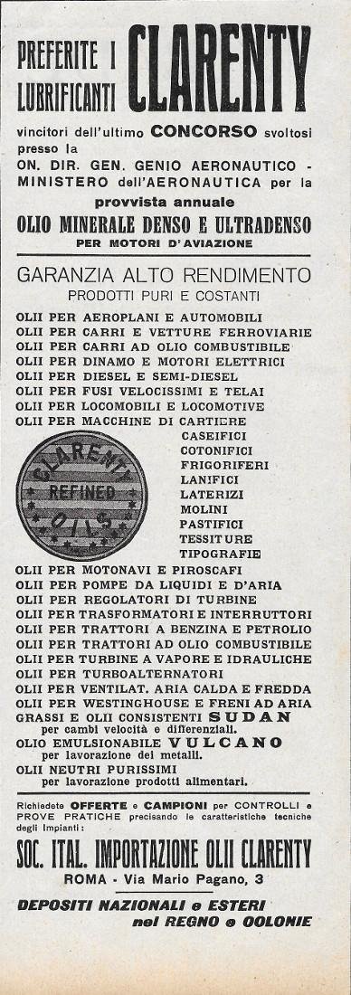 Clarenty Lubrificanti. Advertising 1928 | Immagine principale