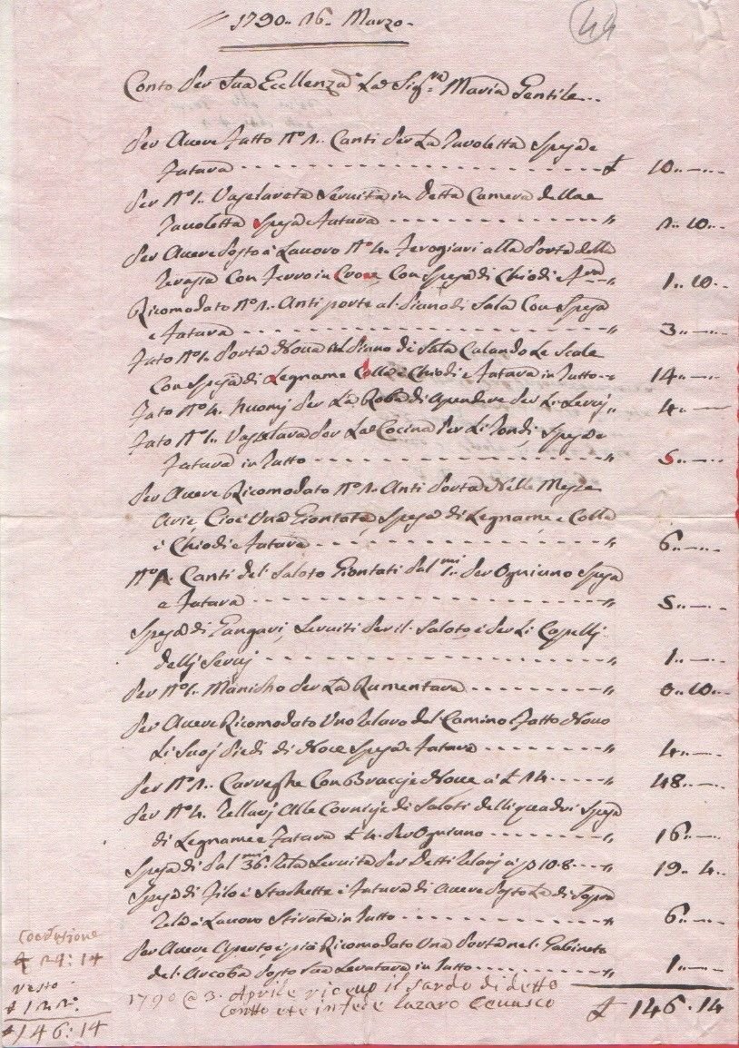 Conto per sua eccellenza Maria Gentile. 1790 | Immagine principale