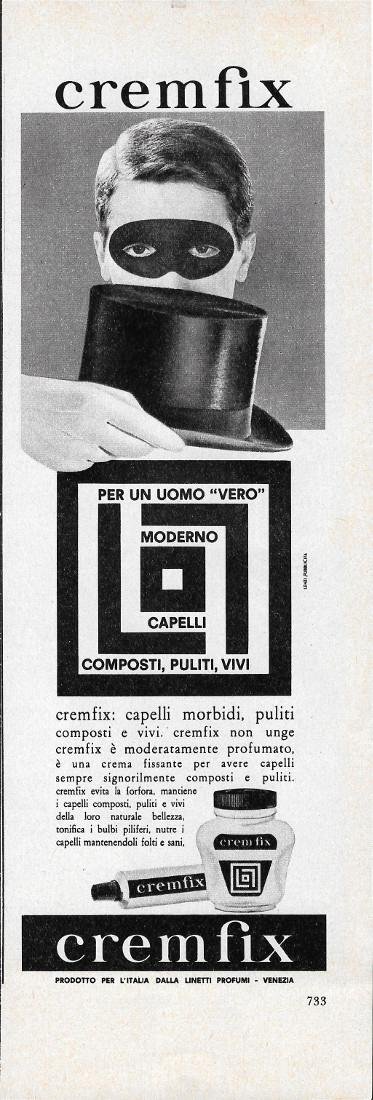 Cremafix. Capelli composti, puliti vivi. Advertising 1963 | Immagine principale