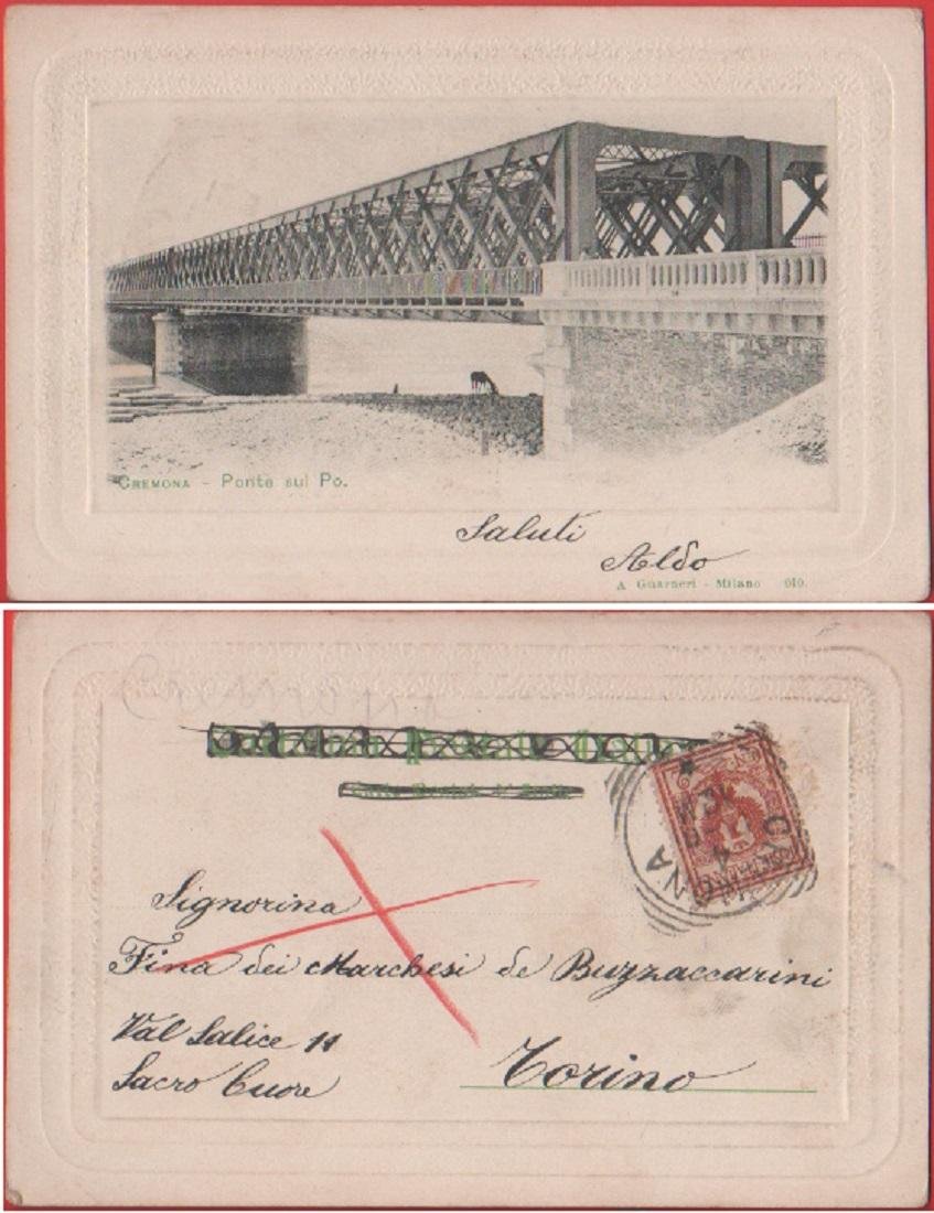 Cremona. Ponte sul Po. Viaggiata 1912. Cornice impressa | Immagine principale