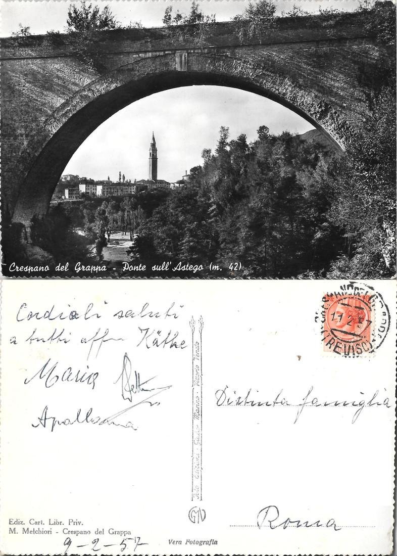 Crespano del Grappa. Ponte sull'Astego. Viaggiata 1957 | Immagine principale