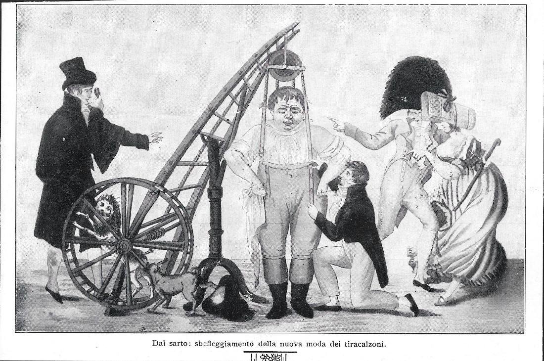 Dal sarto, sbeffeggiamento della nuova moda dei tiracalzoni. Stampa 1912 | Immagine principale