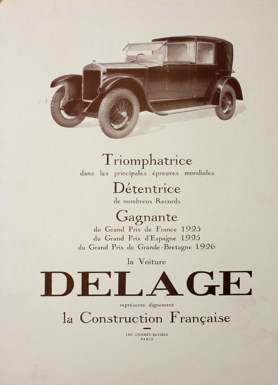 Delage. represent dignement la constructon francaise. Advertising 1927 | Immagine principale