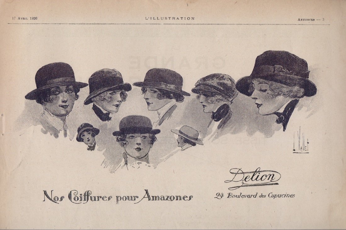 Delion. Nos coifures pour Amazones (Ill. L. Vallet). Advertising 1920 | Immagine principale